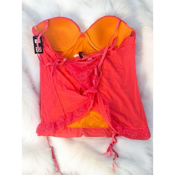 Just Sexy Padded Cup Babydoll And Thong Lace Center Contrast Coral/Orange New 2X - Picture 4 of 7